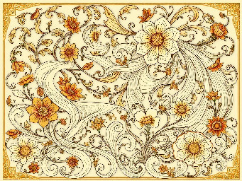 Organic, flowing lines and floral motifs.